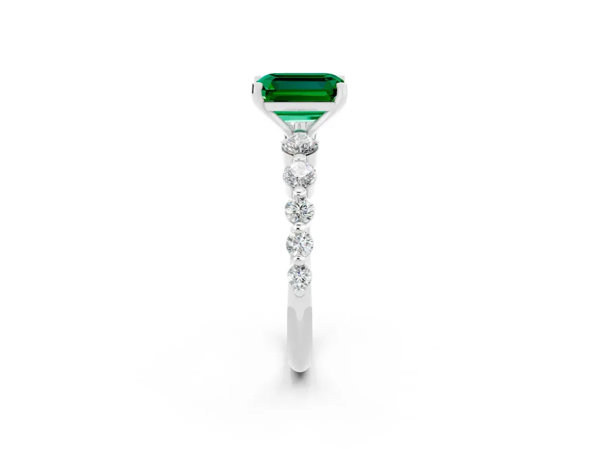 Emerald Cut Solitaire Emerald Ring with Pave Band and Four-Prong Setting Silver