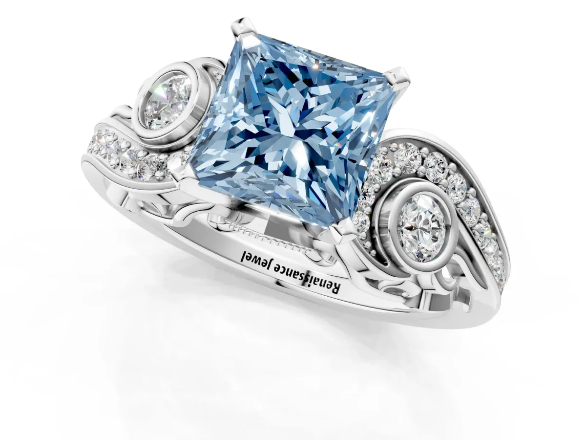 Fancy Blue Princess Cut Diamond Solitaire Ring with Milgrain Pavé Band and Four-Prong Setting Silver