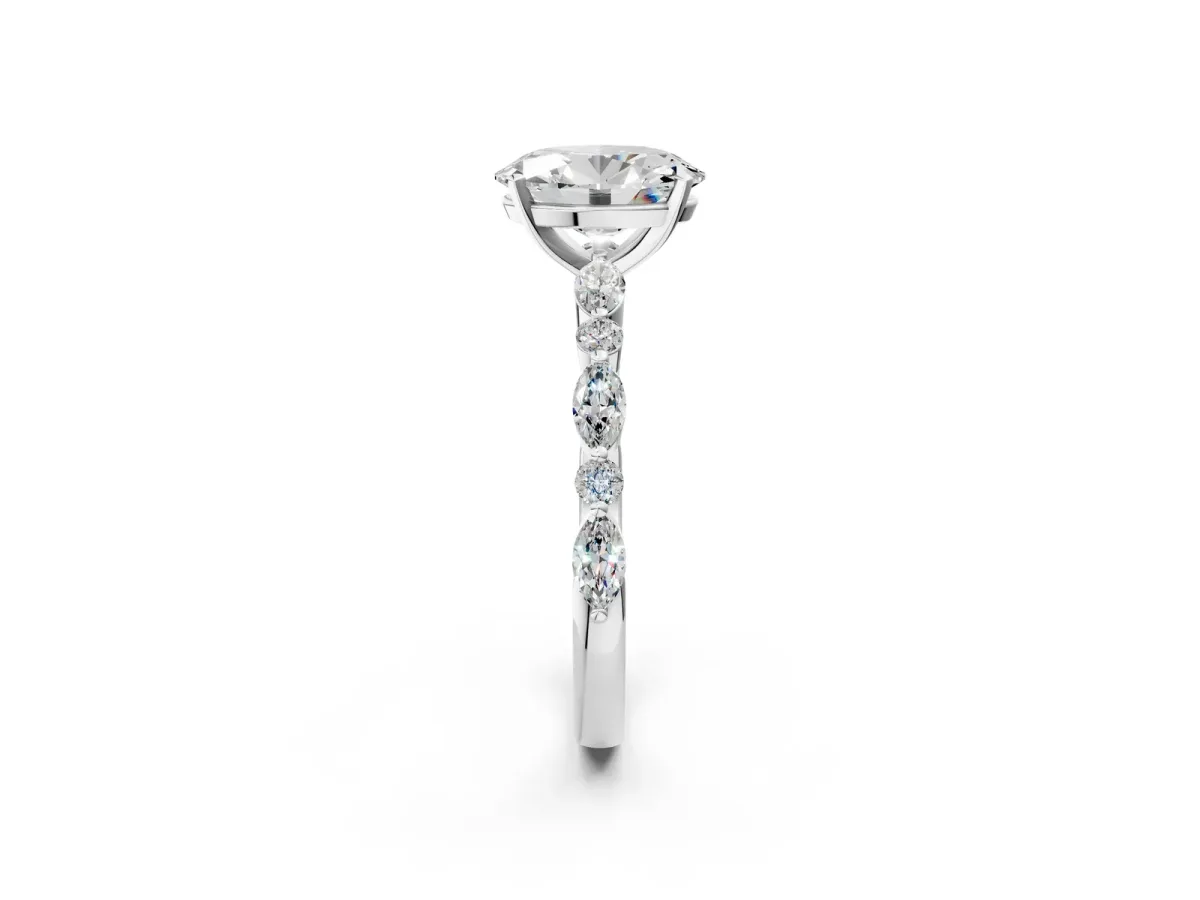 Oval Cut Diamond Ring with Marquise and Round Side Stones and Four-Prong Setting Silver