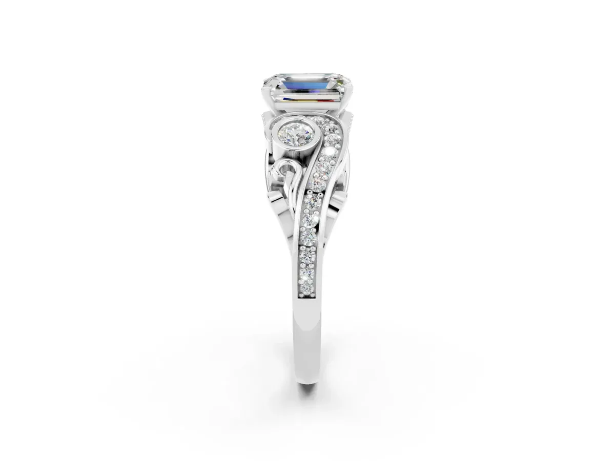 Emerald Cut Moissanite Solitaire Ring with Milgrain Pavé Band and Four-Prong Setting Silver