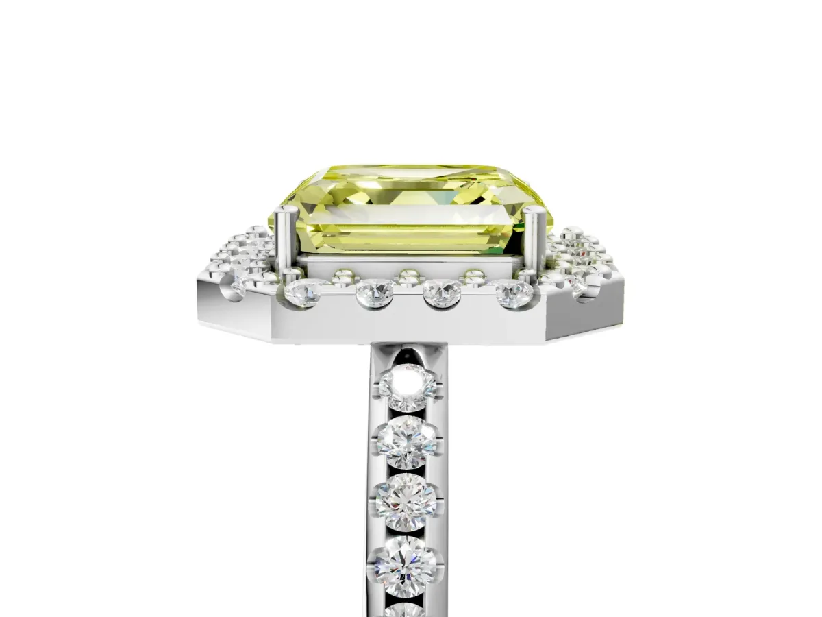 Fancy Yellow Asscher Cut Diamond Pavé Halo Ring with Four-Prong Setting Platinum