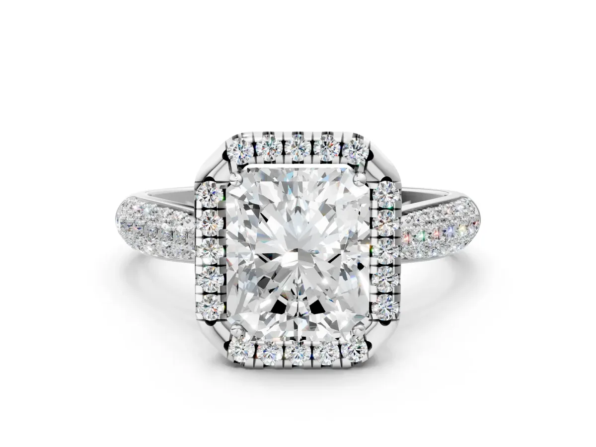 Radiant Cut Cut Halo Pave Band Four-Prong Setting Ring Platinum