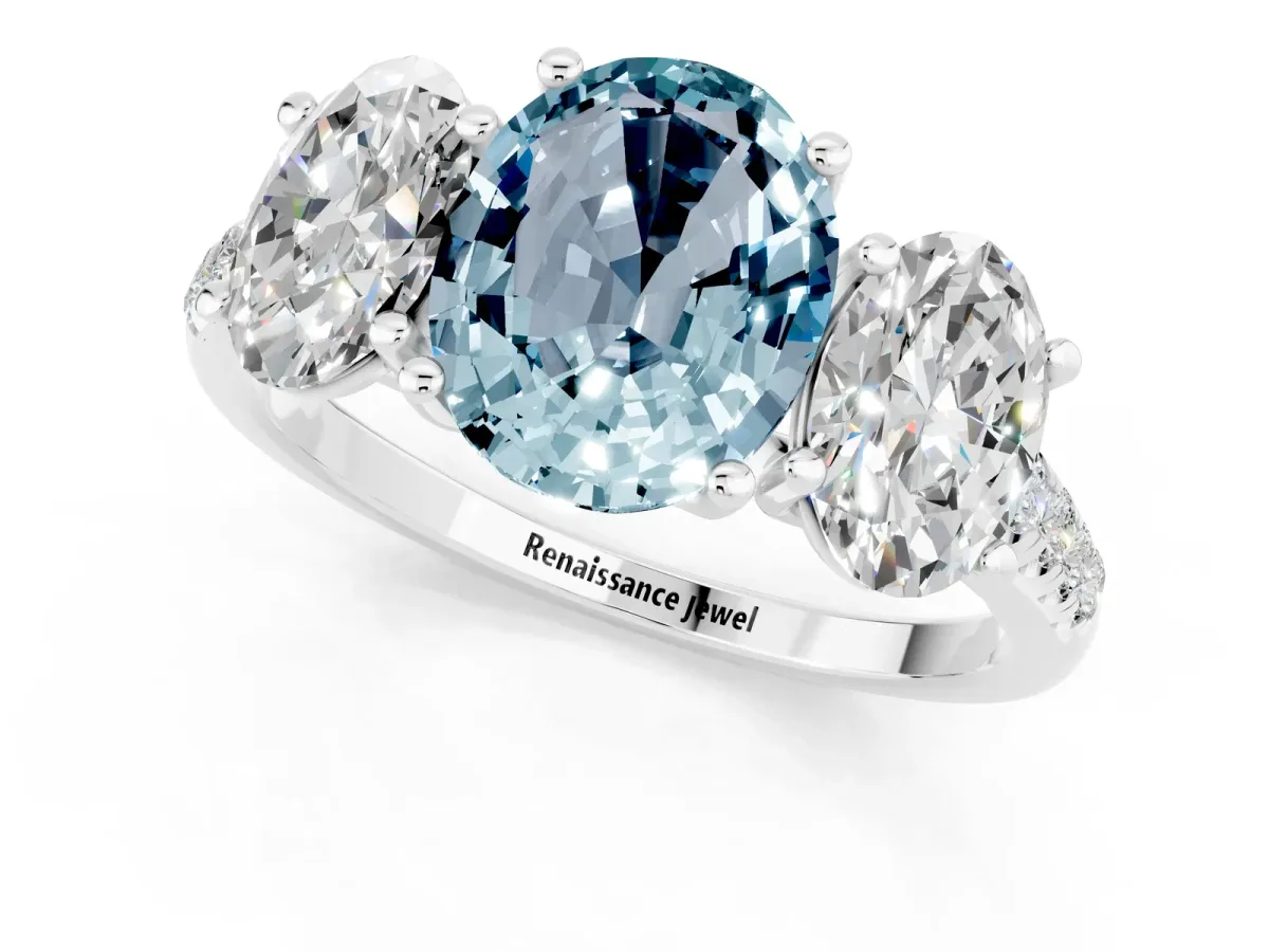 Three-Stone Oval Cut Aquamarine Ring with Round Pavé Band and Prong Setting Silver