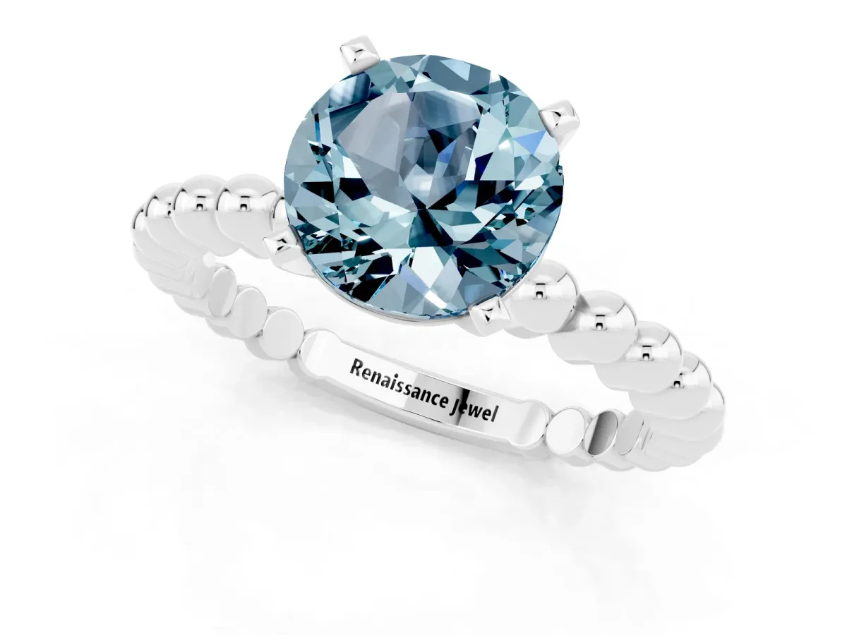 Round Cut Aquamarine Solitaire Ring with Beaded Band and Prong Setting Silver