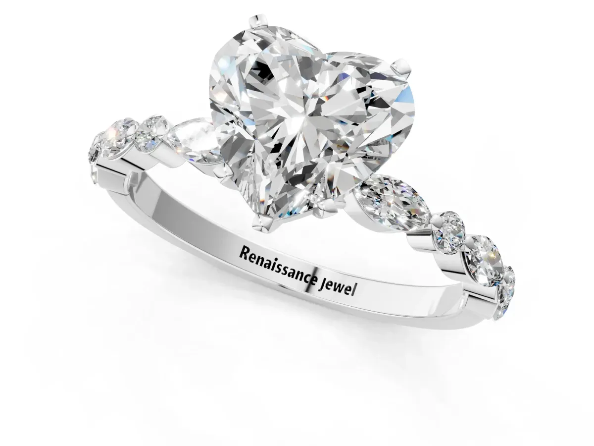 Heart Cut Diamond Ring with Marquise and Round Side Stones and Four-Prong Setting Silver