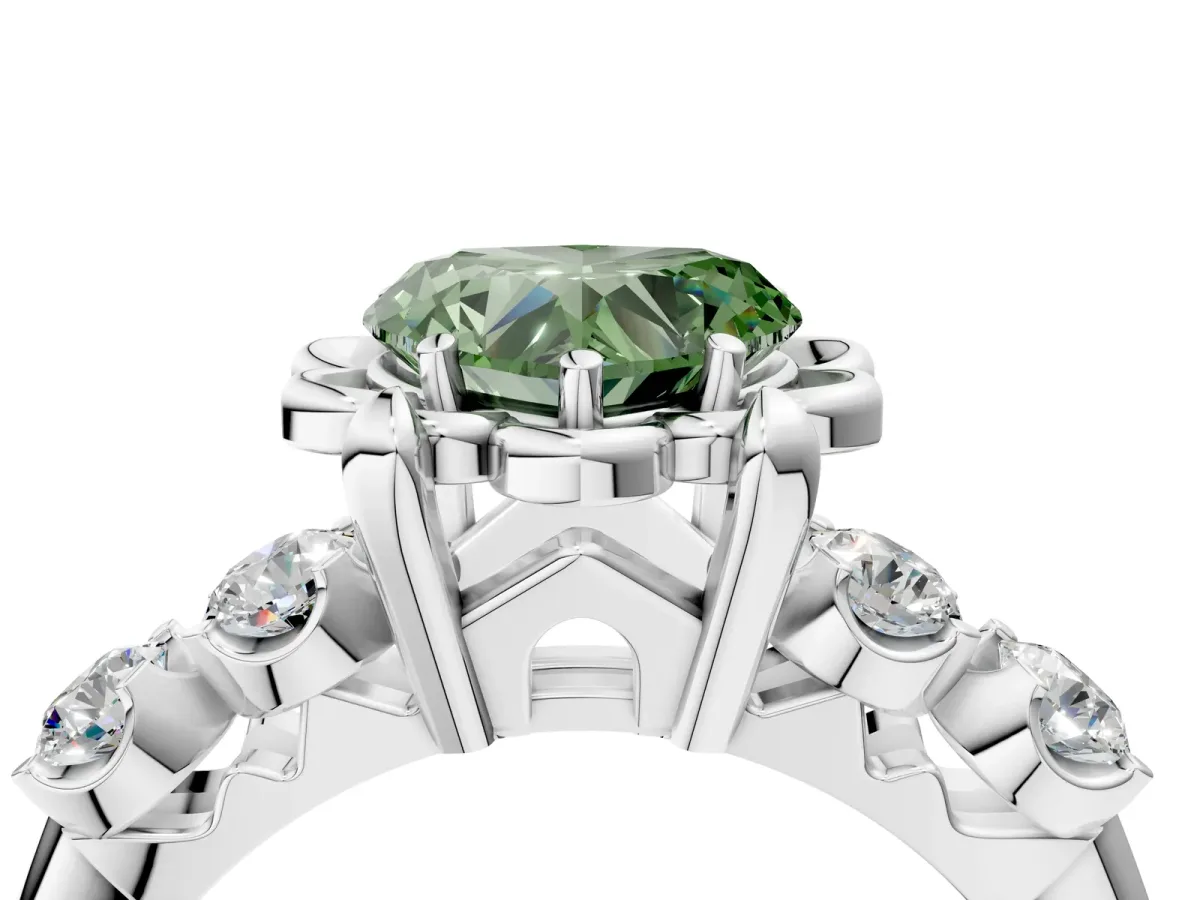 Fancy Green Heart Cut Cut Diamond Floral Halo Engagement Ring with Shared Prong Setting Silver