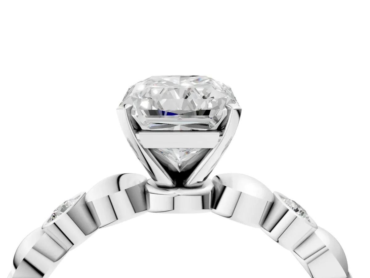 Radiant Cut Solitaire Bezel-Set Diamond Ring with Beaded Band and Four-Prong Setting Platinum