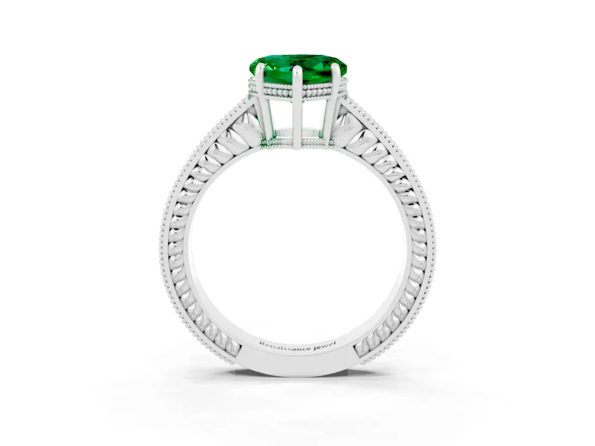 Heart Cut Emerald Ring with Milgrain Pavé Band and Four-Prong Setting Platinum