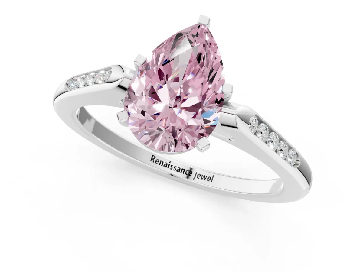 Fancy Pink Pear Cut Diamond Solitaire Ring with Channel Set Round Band and Prong Setting Silver