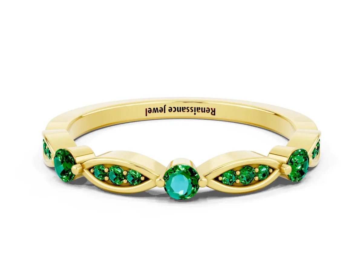 Marquise and Round Emerald Milgrain Band with Bezel Setting Yellow gold