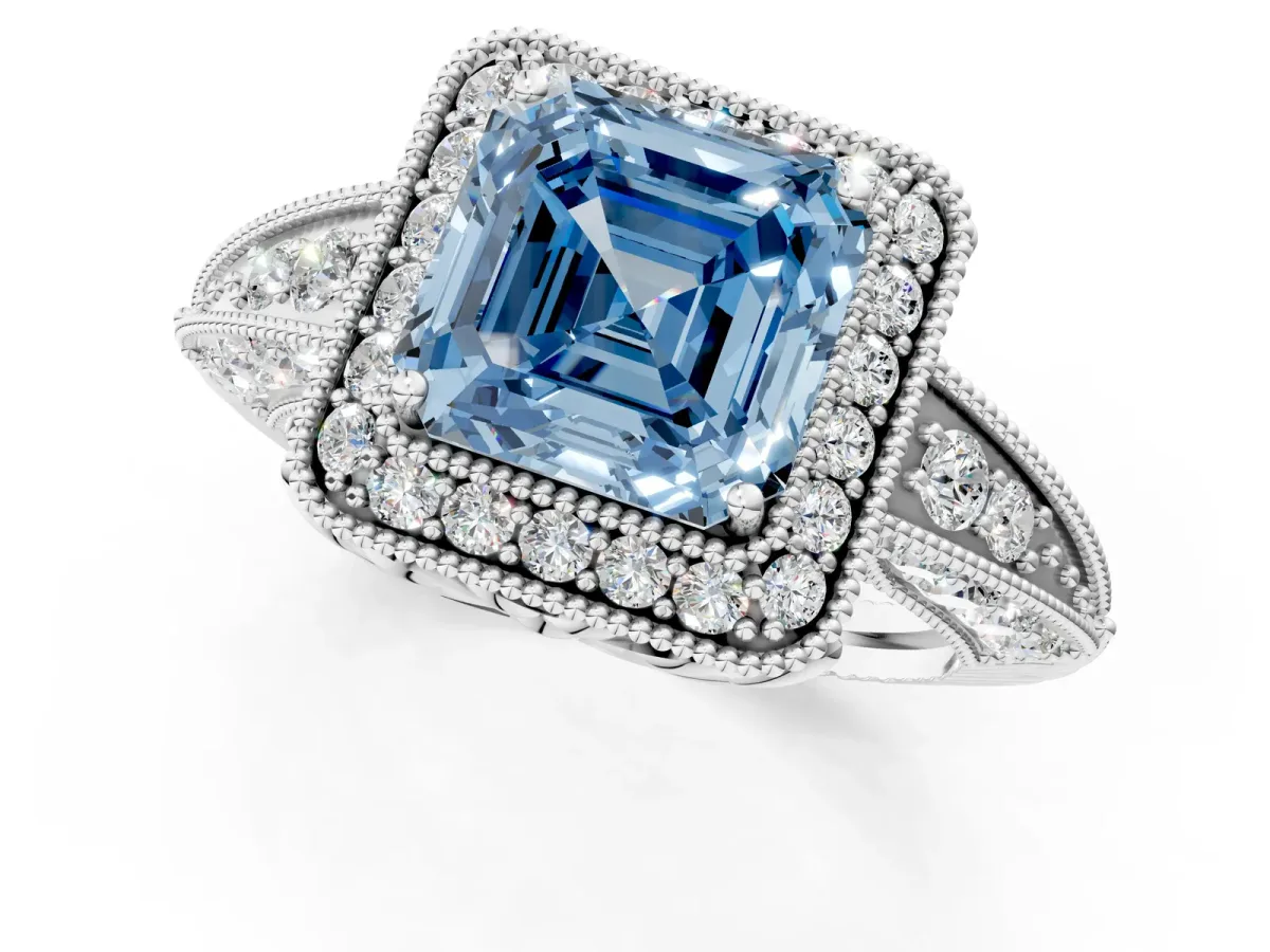 Fancy Blue Asscher Cut Halo Diamond Split Shank Ring with Milgrain Detail Platinum
