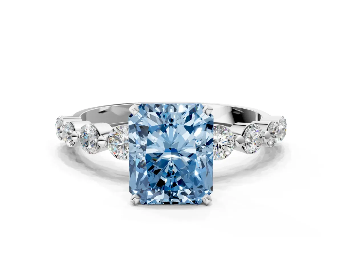 Fancy Blue Radiant Cut Solitaire Diamond Ring with Pave Band and Four-Prong Setting Silver