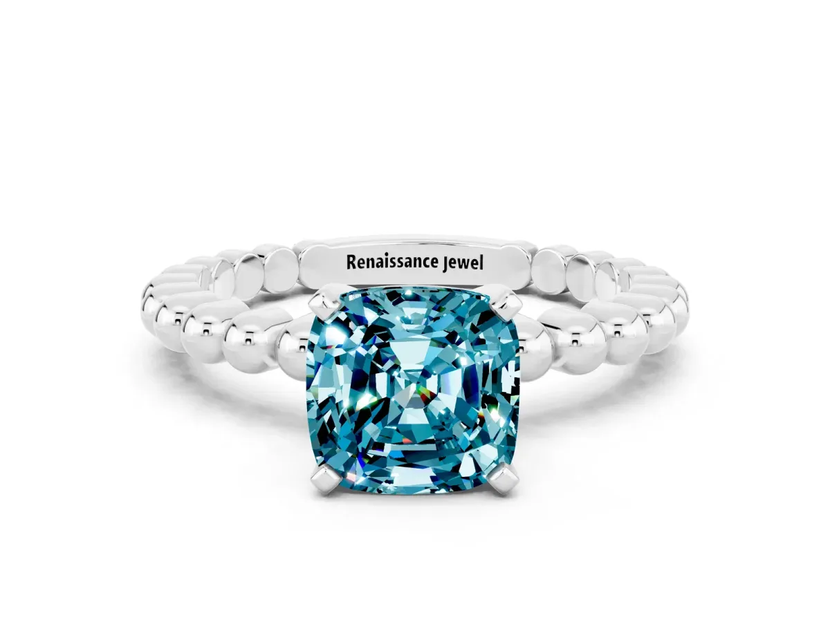 Cushion Cut Blue Topaz Solitaire Ring with Beaded Band and Prong Setting Silver