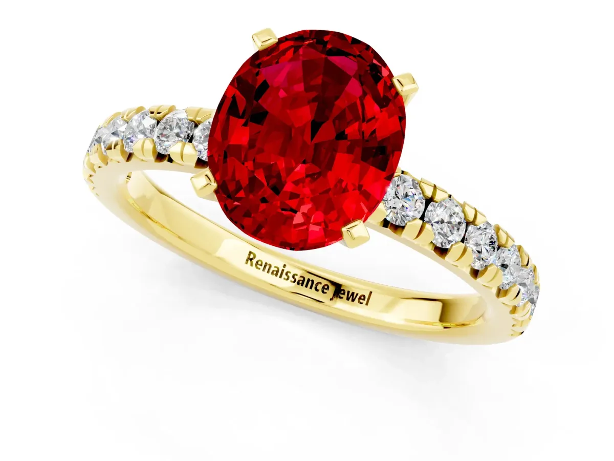 Oval Cut Ruby Solitaire Pavé Engagement Ring with Round Band and Prong Setting Yellow gold