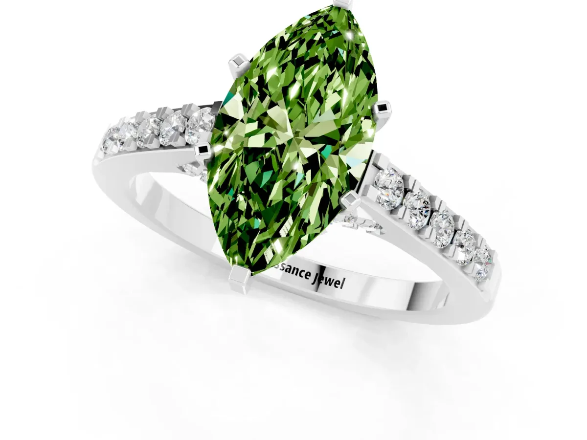Marquise Cut Peridot Solitaire Ring with Crossover Gallery and Round Pavé Band Silver