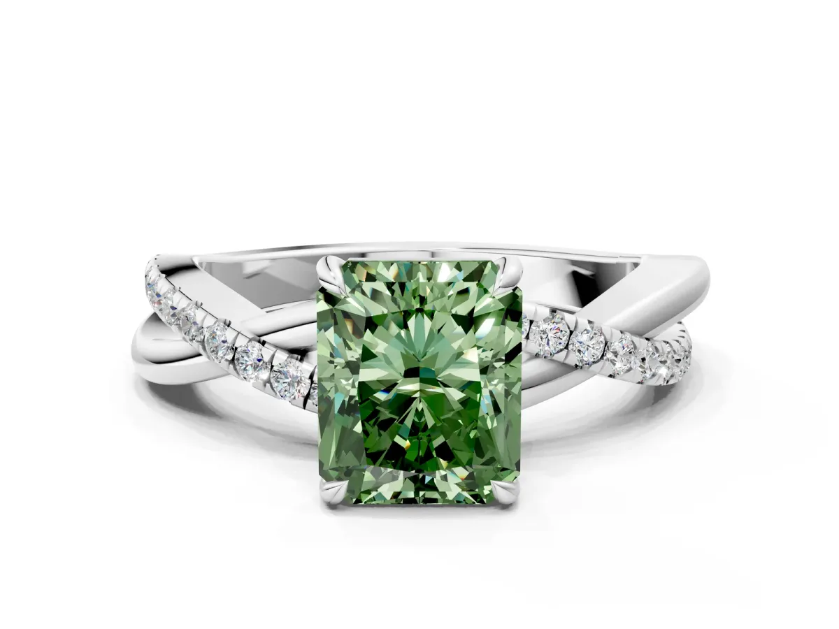 Fancy Green Radiant Cut Cut Diamond Twisted Band with Pavé Setting and Four-Prong Setting Platinum