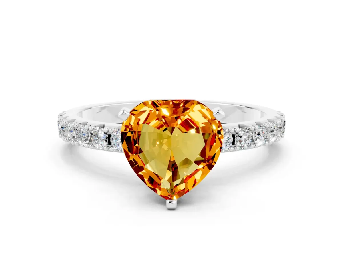 Heart Cut Citrine Solitaire Pavé Band with Four-Prong Setting Platinum