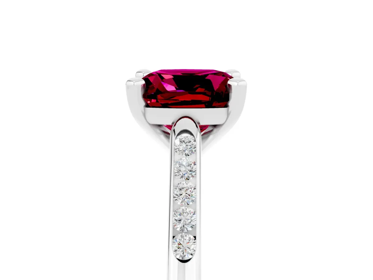 Cushion Cut Garnet Solitaire Ring with Channel Set Round Band and Prong Setting Silver