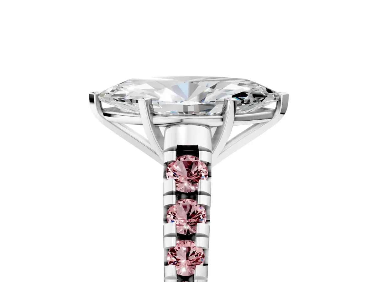 Marquise Cut Diamond Cathedral Solitaire Ring with Round Morganite Pavé Band Silver