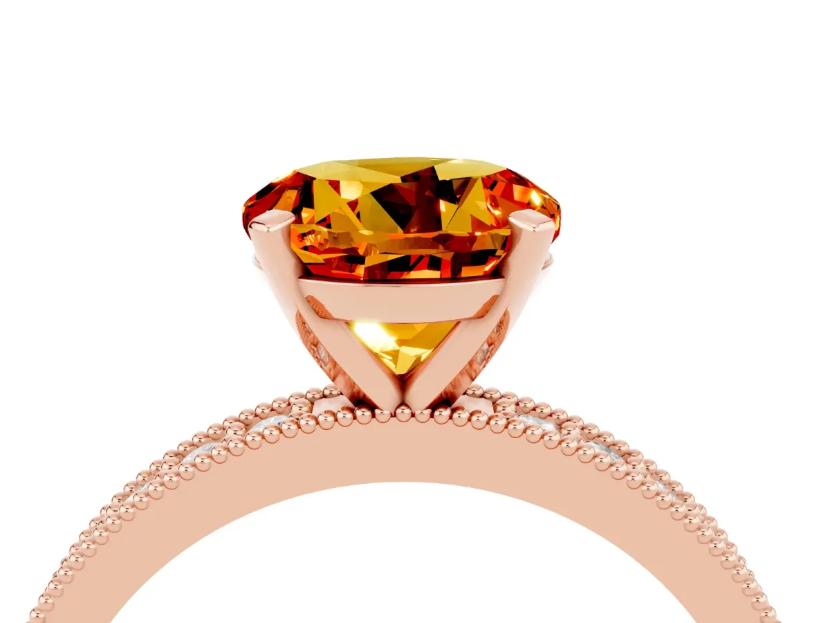 Round Cut Citrine Milgrain Pavé Engagement Ring with Four-Prong Setting Rose gold