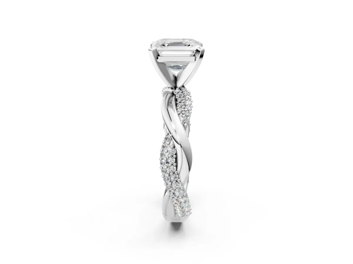 Asscher Cut Solitaire Twist Band with Pave Prong Setting Platinum