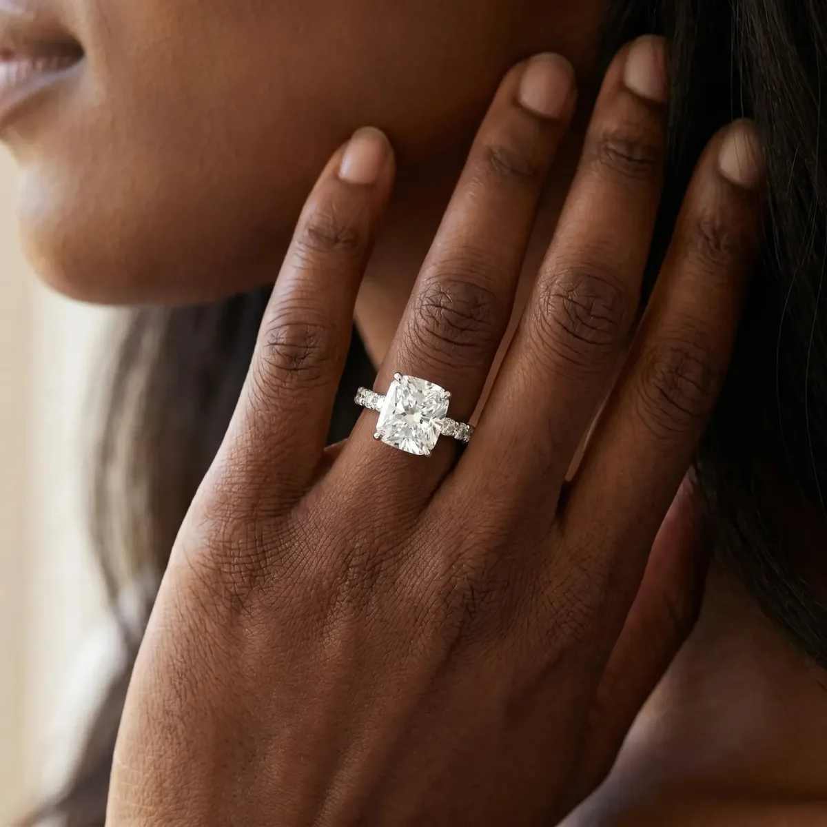 Radiant Cut Cut Diamond Solitaire Ring with U-Prong Diamond Band and Four Prong Setting Silver