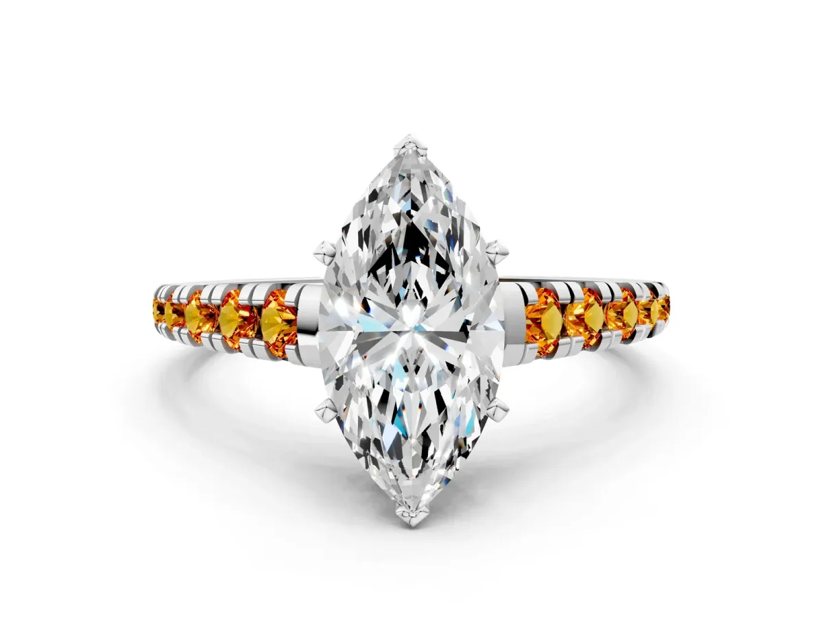 Marquise Cut Diamond Cathedral Solitaire Ring with Round Citrine Pavé Band Silver