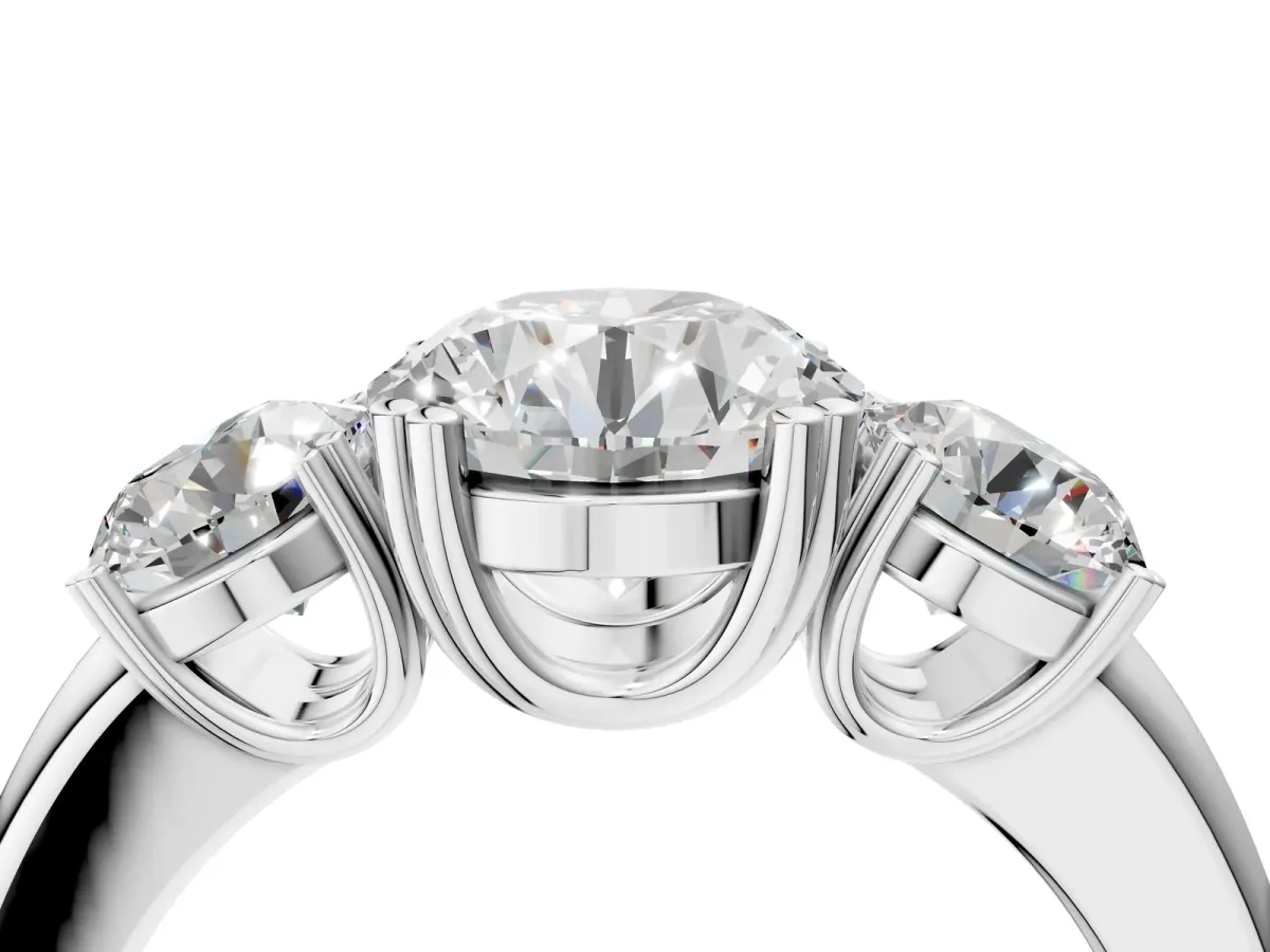 Three-Stone Emerald Cut Cut Diamond Ring with Channel Set Band and Four-Prong Setting White gold