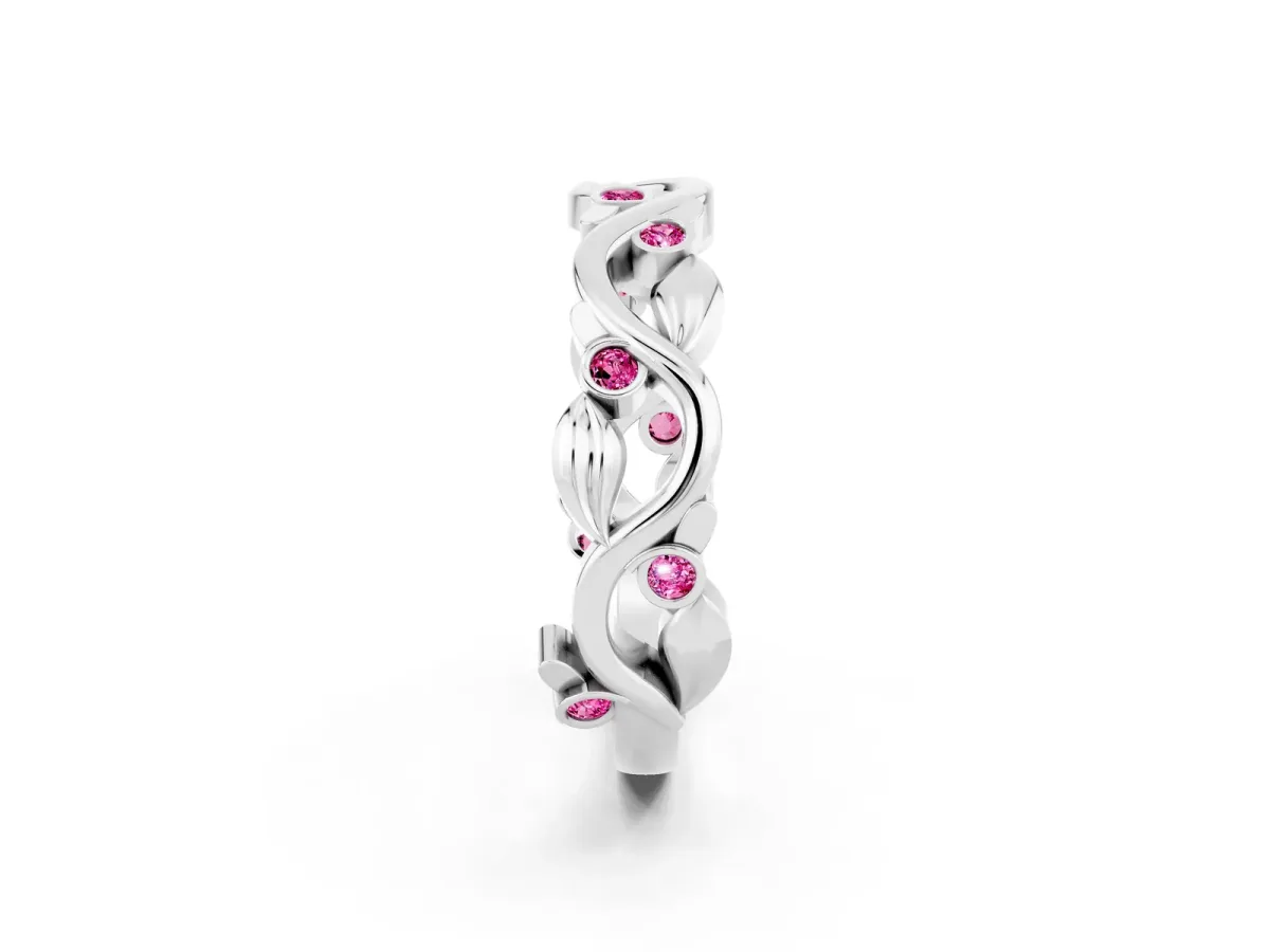 Round Pink Sapphire Leaf Eternity Band with Bezel Setting White gold