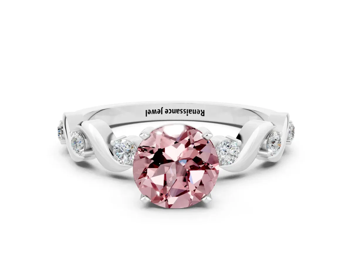 Round Cut Morganite Solitaire Twisted Band with Round Accents and Prong Setting Silver