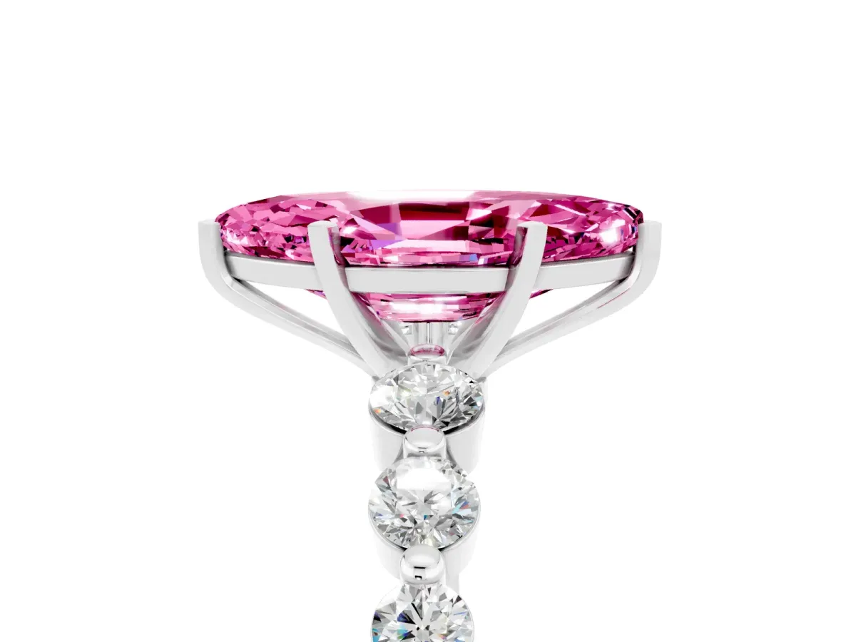 Marquise Cut Solitaire Pink Sapphire Ring with Pave Band and Four-Prong Setting Silver