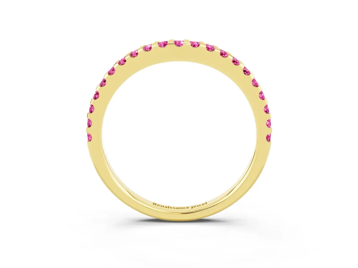 Round Pink Sapphire Pavé Curved Wedding Band Yellow gold