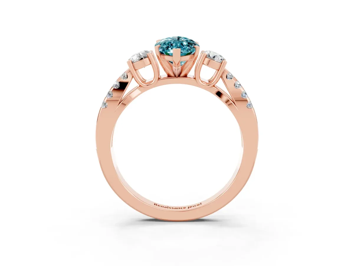 Marquise Cut Blue Topaz Three-Stone Ring with Pavé Split Shank and Four-Prong Setting Rose gold