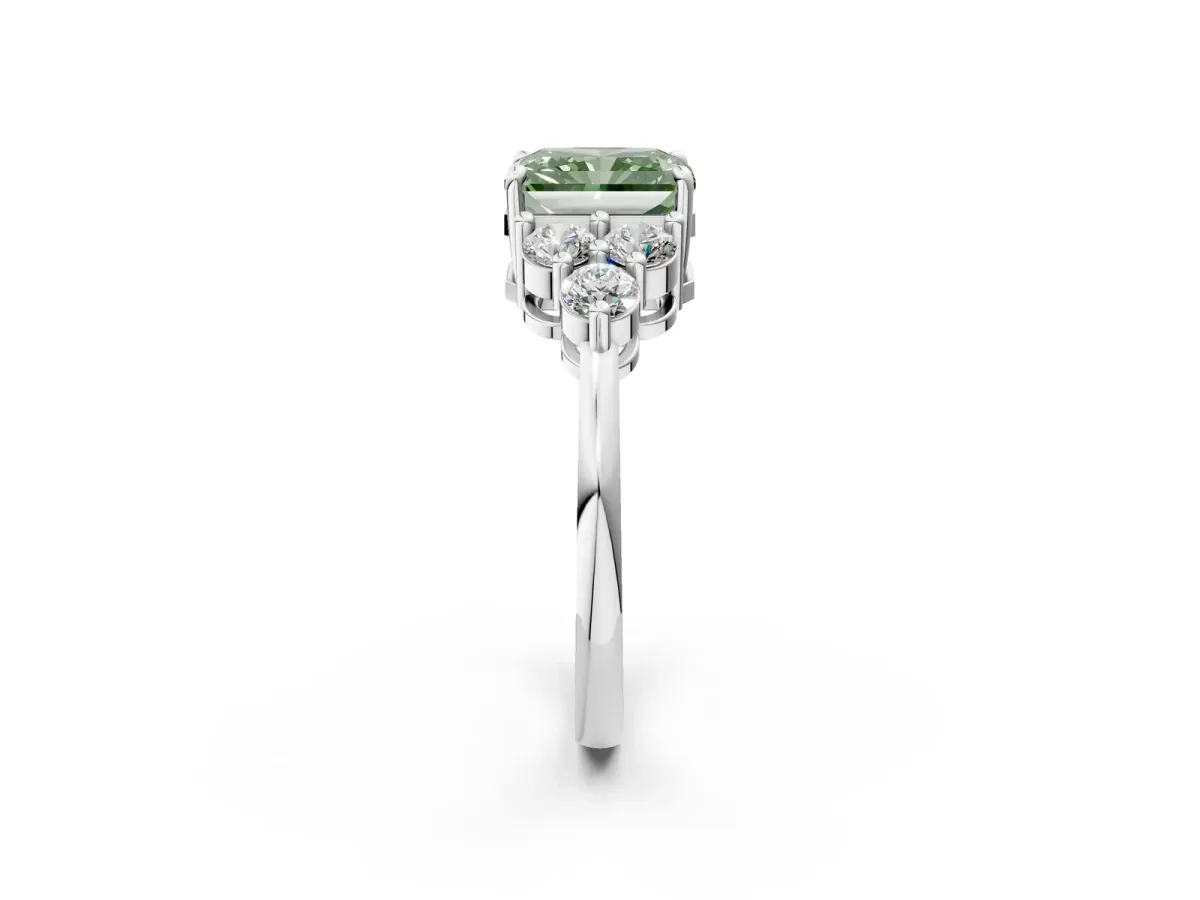 Fancy Green Radiant Cut Brilliant Diamond Cluster Accent Solitaire Ring with Prong Setting Platinum