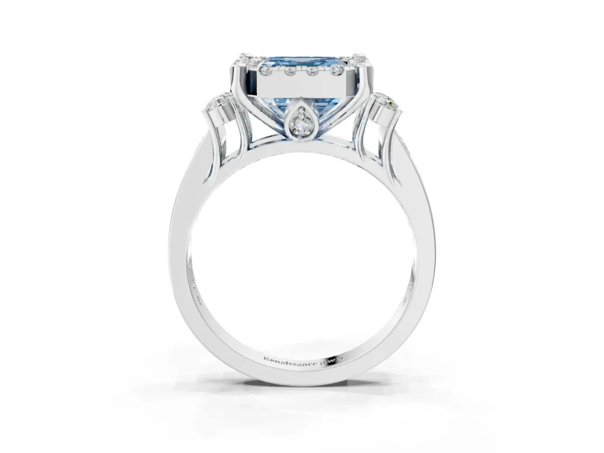 Fancy Blue Asscher Cut Halo Diamond Engagement Ring with Split Shank and Four-Prong Setting Platinum