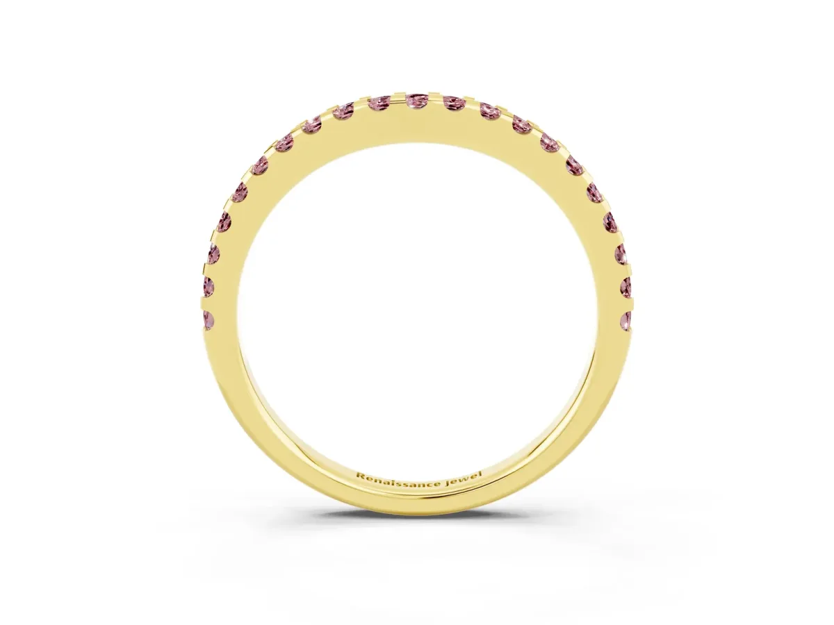 Round Morganite Pavé Curved Wedding Band Yellow gold