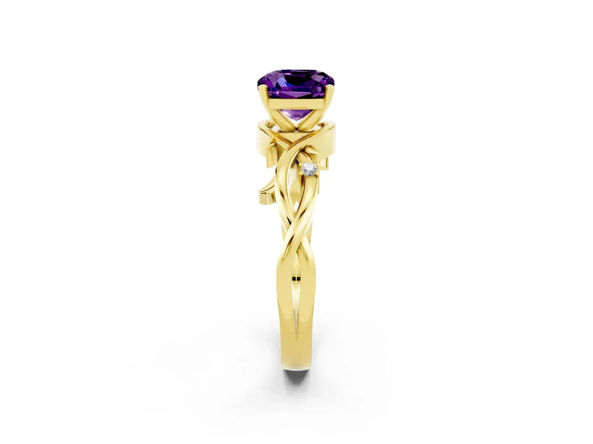 Cushion Cut Amethyst Solitaire Ring with Twisted Band and Prong Setting Yellow gold