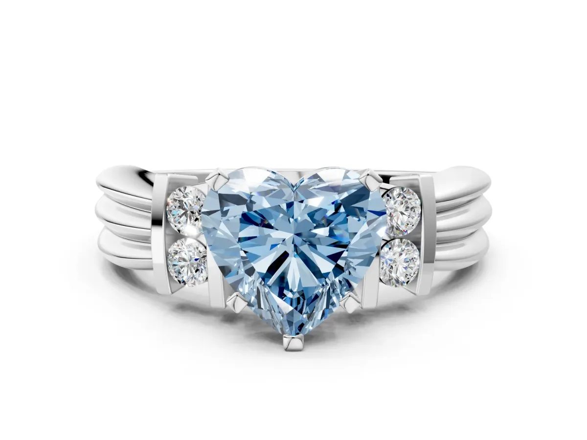 Fancy Blue Heart Cut Cut Three-Stone Channel Set Ring with Bar Prongs Platinum