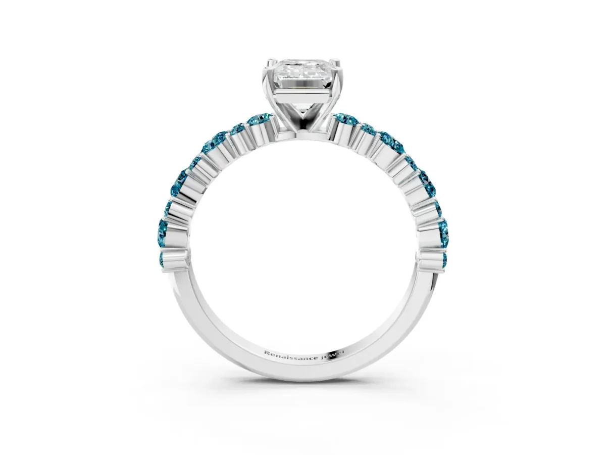 Emerald Cut Diamond Side Stone Solitaire Ring with Round Blue Topaz and Four-Prong Setting Platinum
