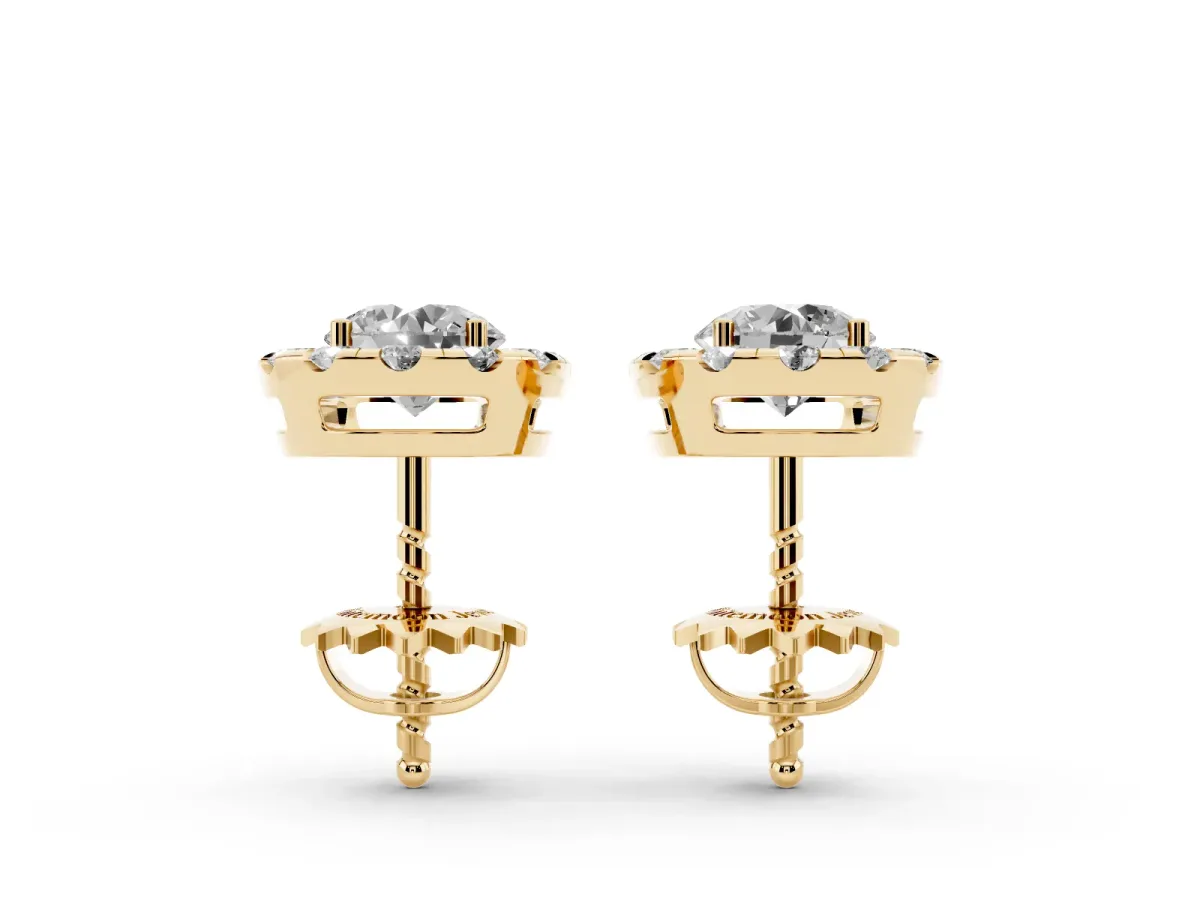 Round Cut Diamond Halo Stud Earrings Yellow gold