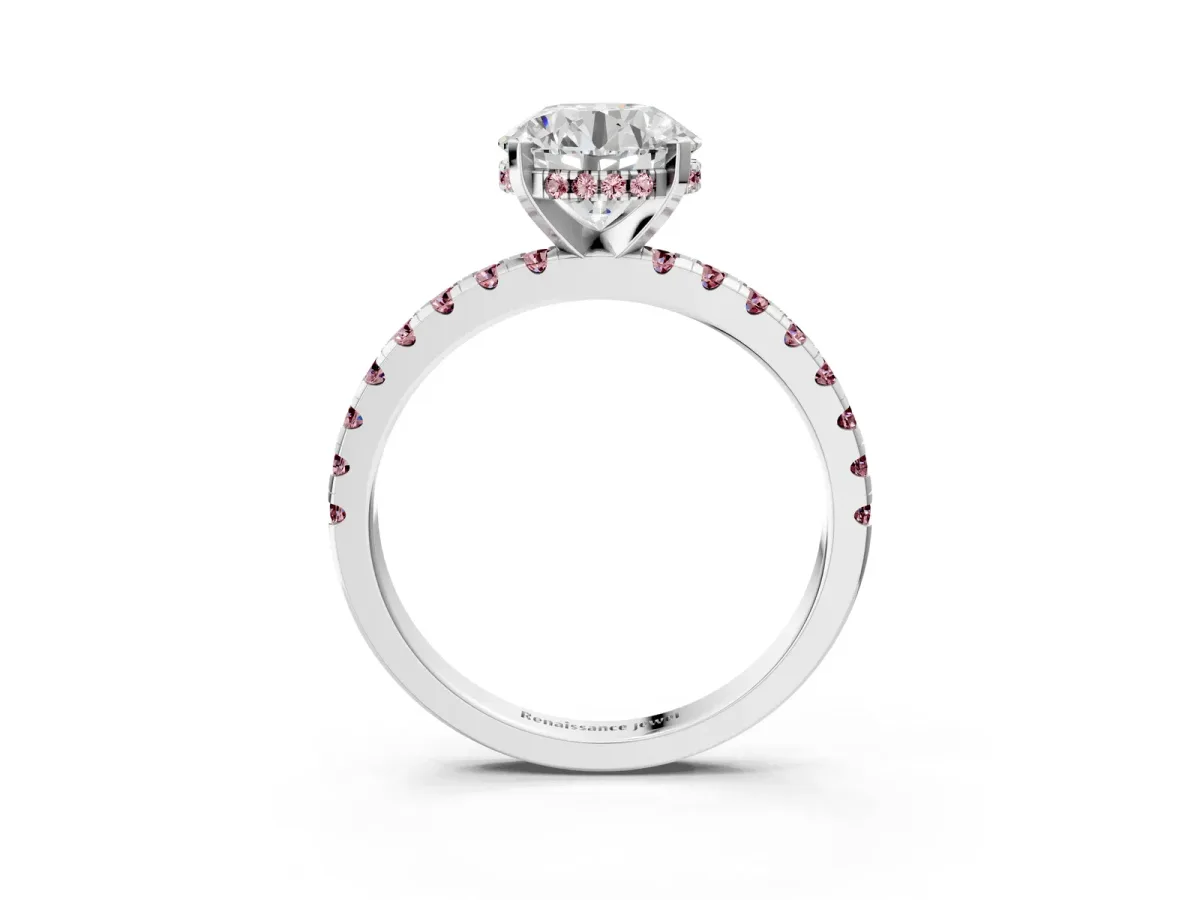 Round Cut Diamond Solitaire Ring with Round Morganite Pavé Band and Four-Prong Setting Silver