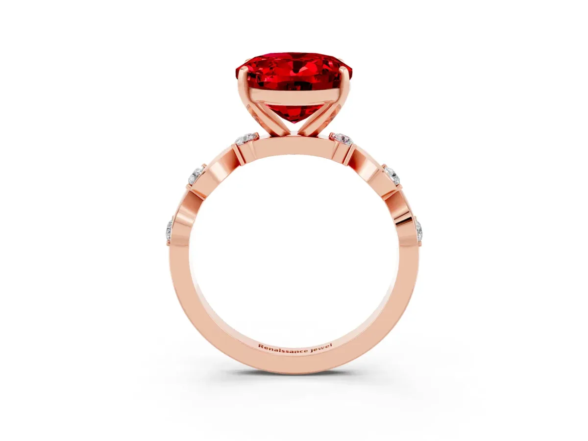 Oval Cut Ruby Solitaire Twisted Band with Round Accents and Prong Setting Rose gold