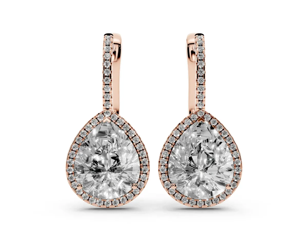 Pear Diamond Halo Leverback Drop Earrings with Round Diamond Accents Rose gold