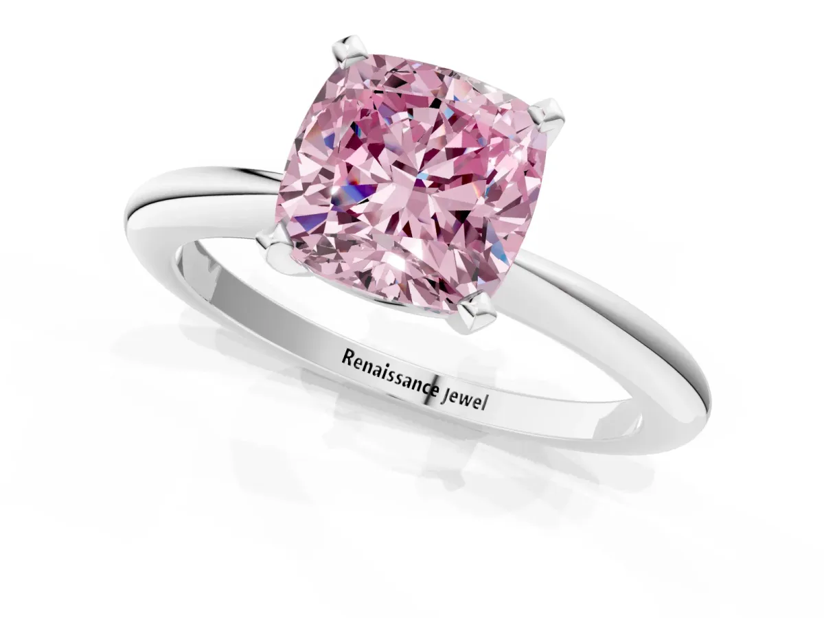 Fancy Pink Cushion Cut Diamond Solitaire Ring with Six-Prong Setting and Classic Band Silver