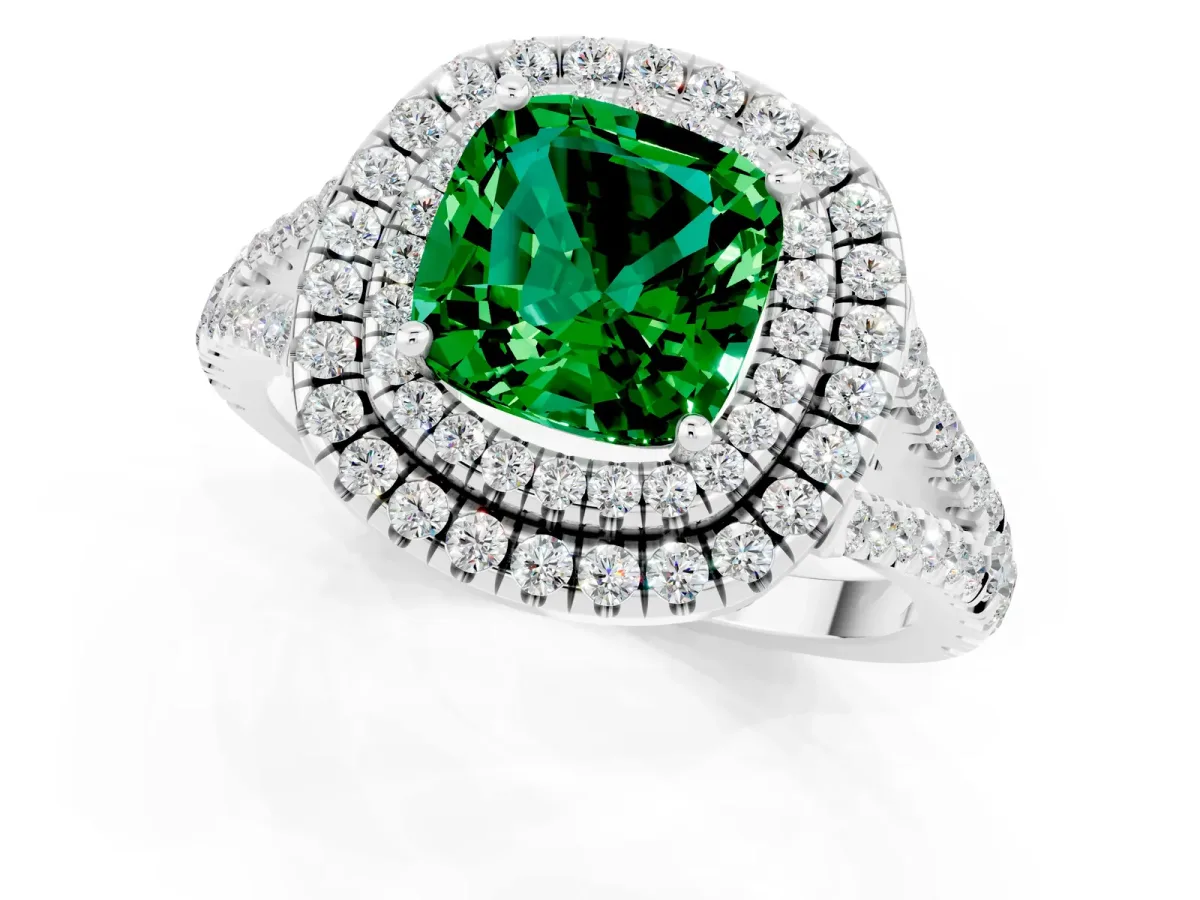 Cushion Cut Emerald Double Halo Ring with Pavé Band and Prong Setting Platinum