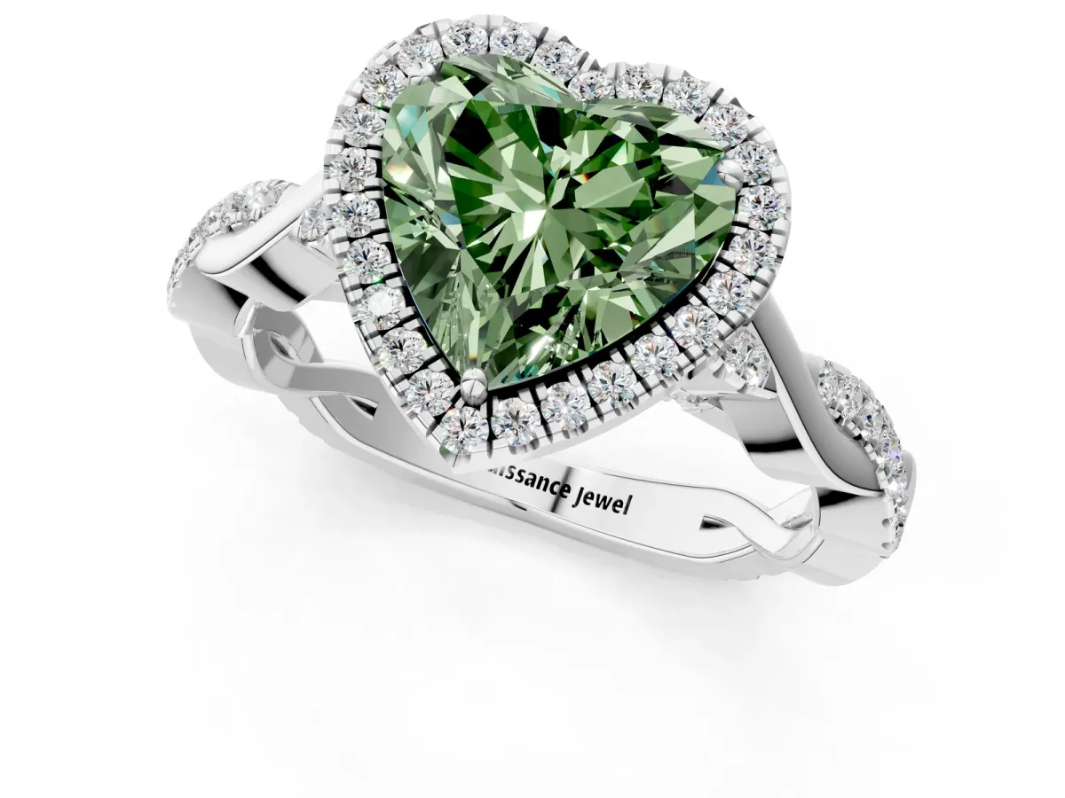 Fancy Green Heart Cut Halo Twist Band Solitaire Ring Platinum