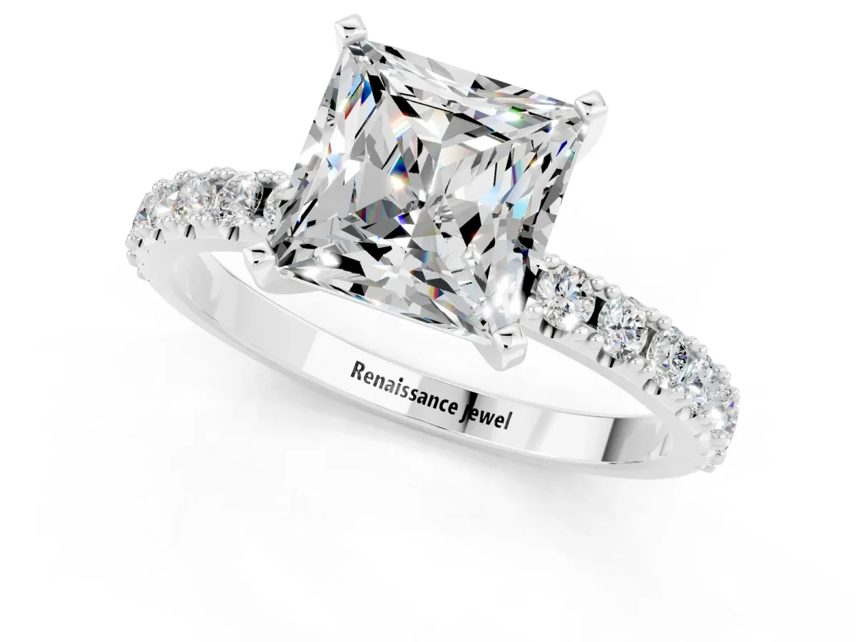 Princess Cut Moissanite Solitaire Pavé Band with Four-Prong Setting Silver