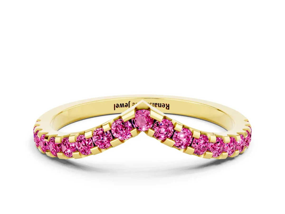 Pavé Round Pink Sapphire Chevron Band with Shared Prong Setting Yellow gold