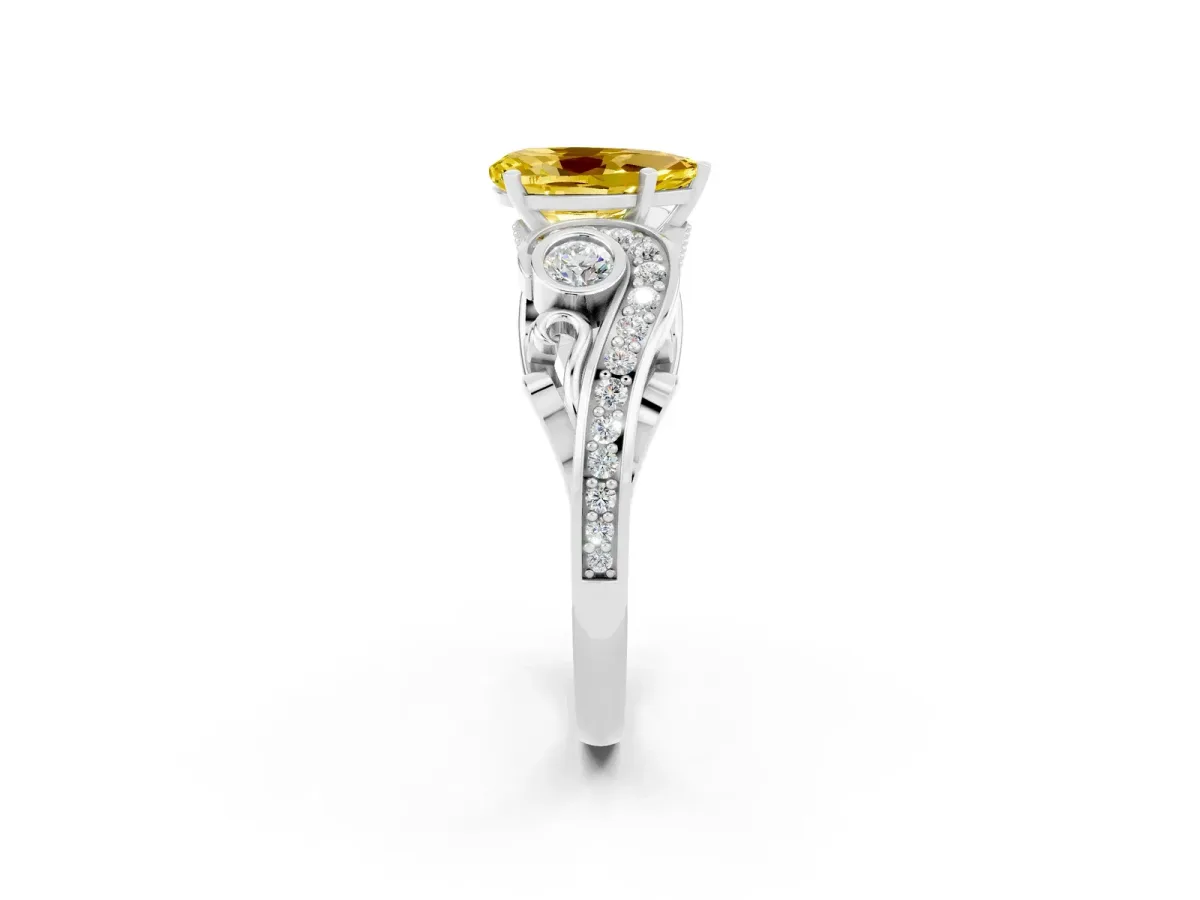 Pear Cut Yellow Sapphire Solitaire Ring with Milgrain Pavé Band and Four-Prong Setting Silver