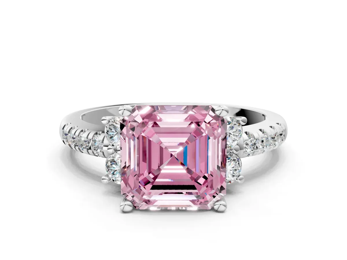 Fancy Pink Asscher Cut Diamond Three-Stone Pave Band with Four-Prong Setting Platinum